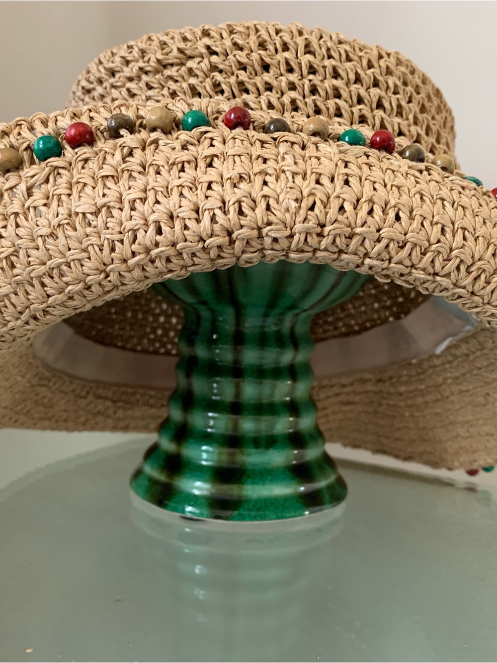 Jessica Natural Straw Sun Hat with Red, Green & Metallic Bead Trim